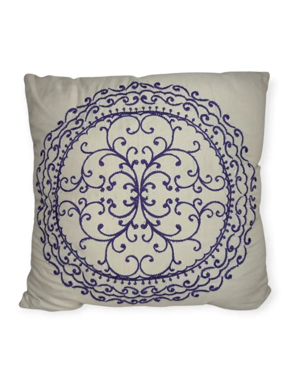 Embroidered Medallion Decorative Pillow Light Gray with Purple Design 17